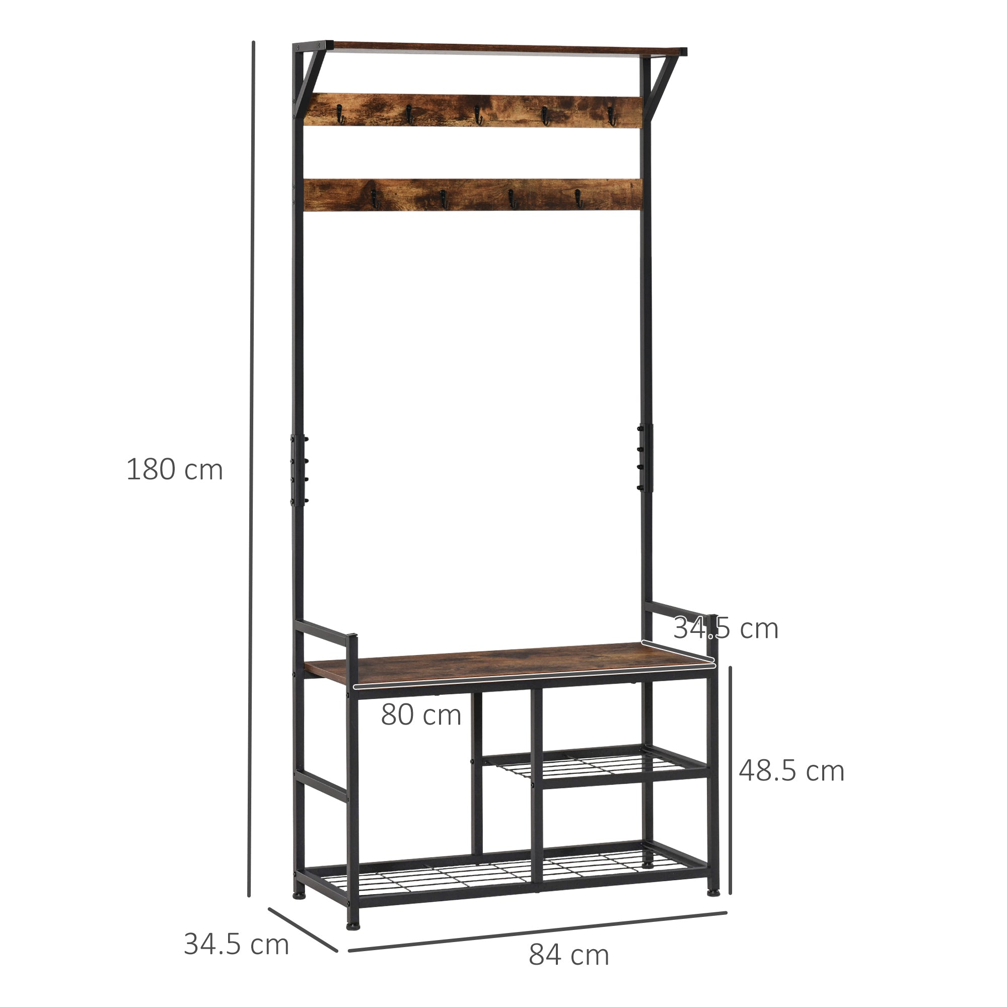 HOMCOM Coat Rack Stand Shoe Storage Bench with 9 Hooks Shelves for Bedroom Living Room Entryway Brown and Black 180cm 