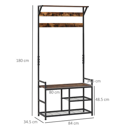 HOMCOM Coat Rack Stand Shoe Storage Bench with 9 Hooks Shelves for Bedroom Living Room Entryway Brown and Black 180cm 