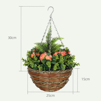 Outsunny Pack of 2 Faux Plant Artificial Lisianthus Flowers Hanging Planter with Basket for Indoor Outdoor Decoration, Orange 