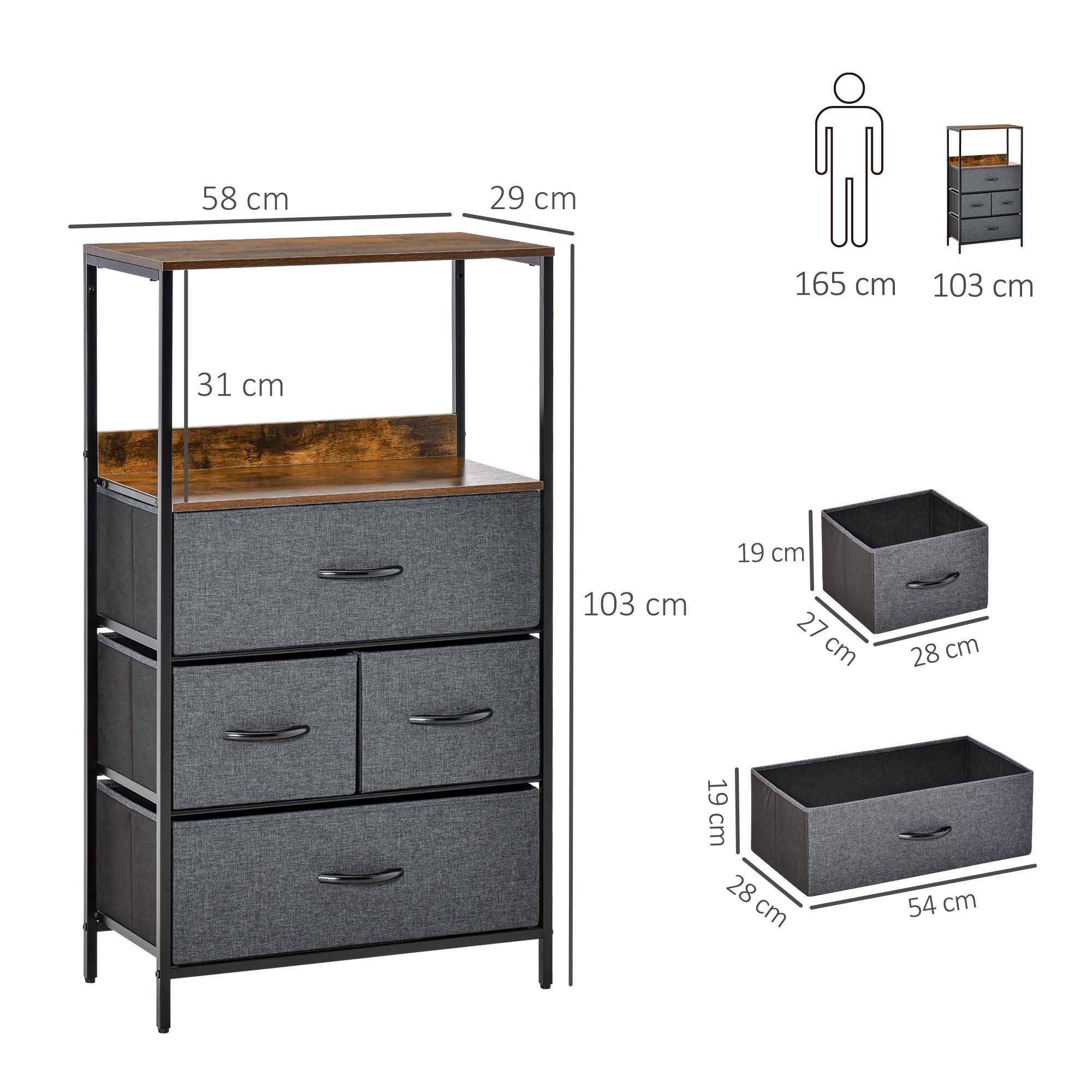 HOMCOM 4 Drawer Storage Chest Unit Home Cabinet w/ Shelves Home Living Room Bedroom Entryway Living Furniture, Black 