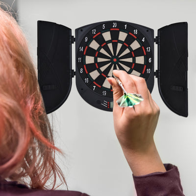 HOMCOM  Electronic Dartboard Set 26 Games and 185 Variations with 6 Darts and Cabinet to Stroage Multi-Game Option Ready-to-Play 