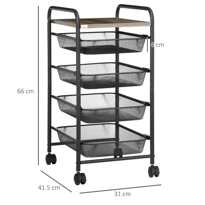 HOMCOM Storage Trolley on Wheels, Rolling Utility Serving Cart with 4 Mesh Trays for Living Room, Kitchen, Black 