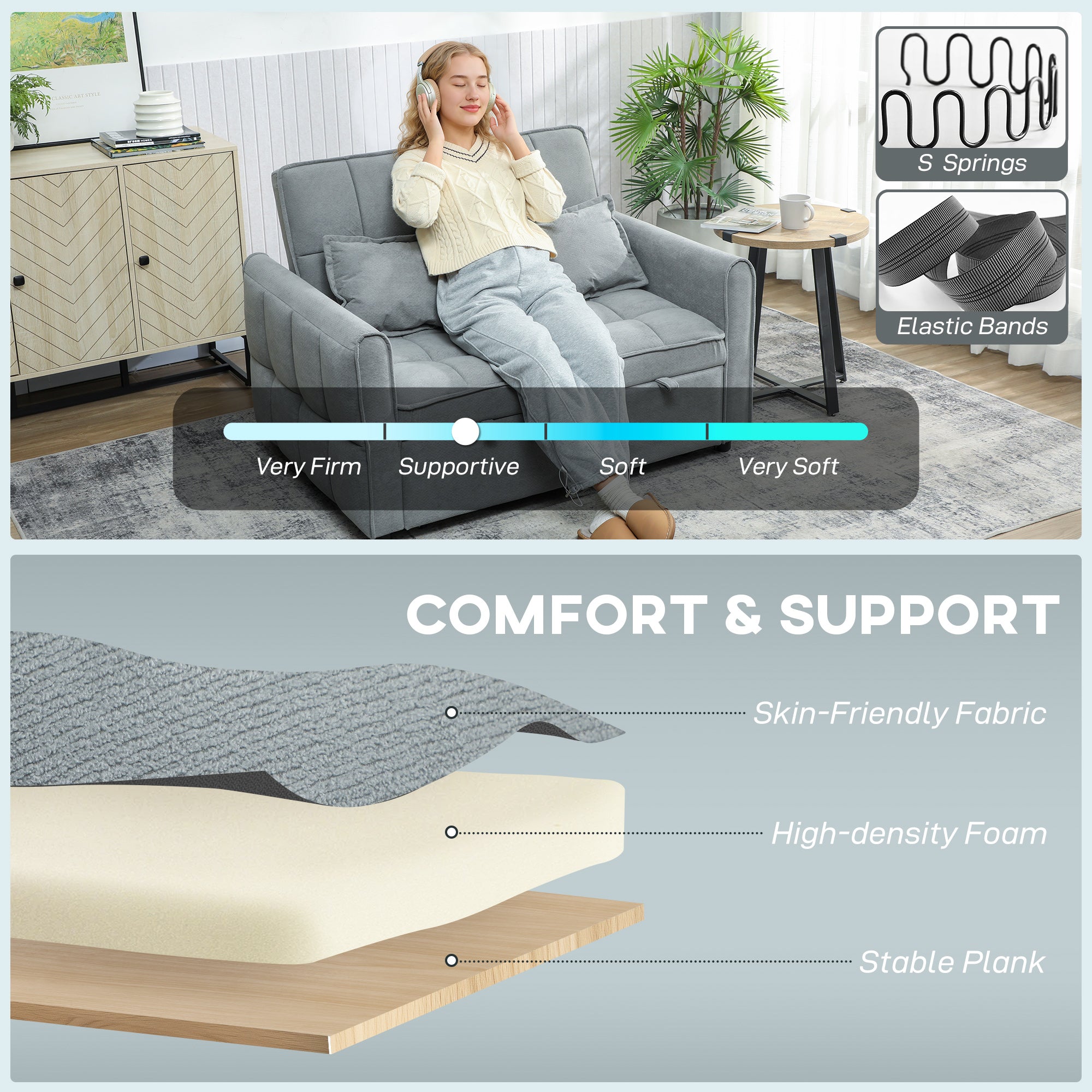 HOMCOM 2 Seater Sofa Bed, 3-in-1 Convertible Sleeper Sofa with Click-clack Adjustable Backrest and 2 Pillows, Grey 