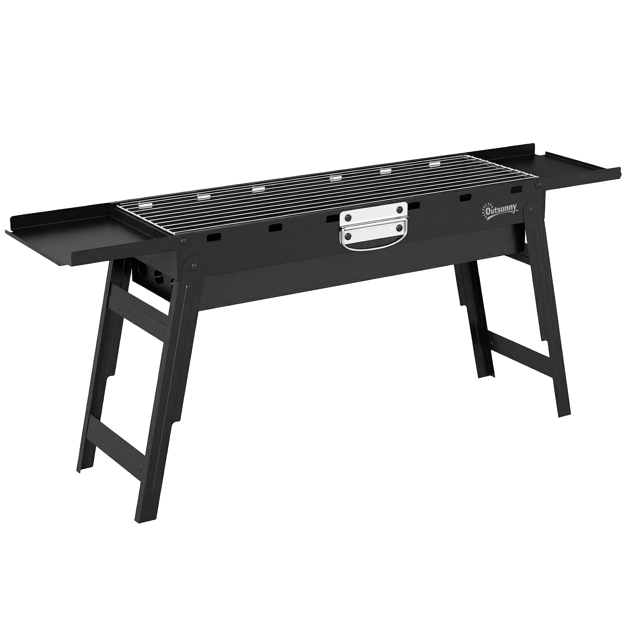 Outsunny Portable BBQ Grill, Foldable Charcoal Grill for Camping and Picnics with 2 Side Shelves and Handle, Black 