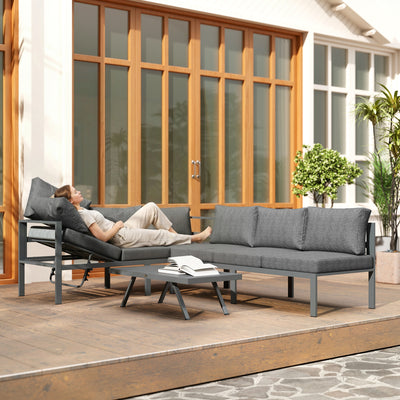 Outsunny 3 Pieces Garden Furniture Set, Aluminium Corner Lounge Set with Adjustable Backrest and Coffee Table 