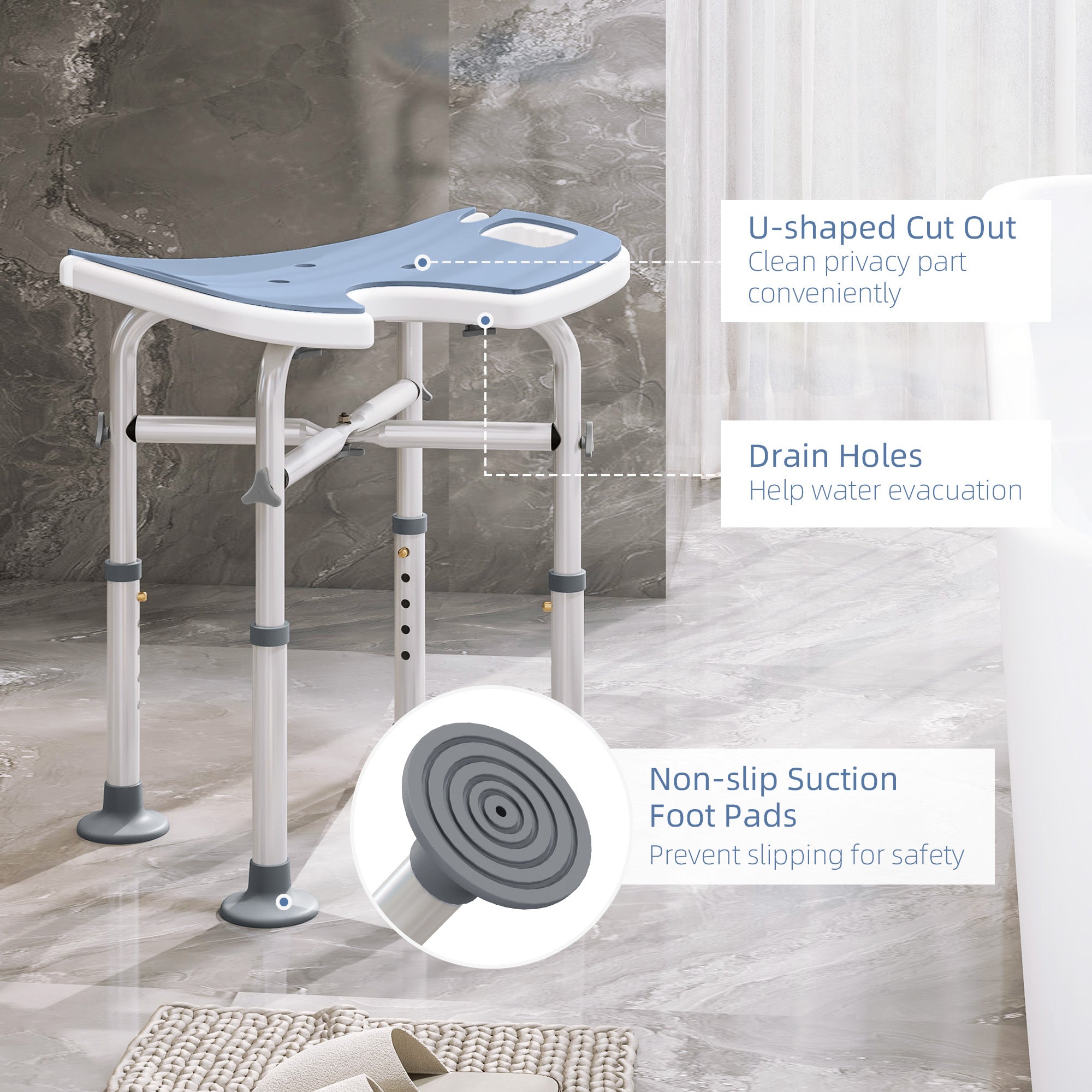 HOMCOM 39-51.5cm 'U' Seat Padded Shower Stool - Light Blue 