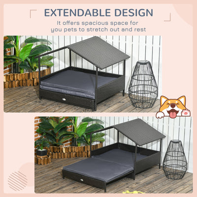PawHut Extendable Elevated Dog Bed, Rattan Dog House w/ Water-Resistant Roof, Removable Cushion - Grey 