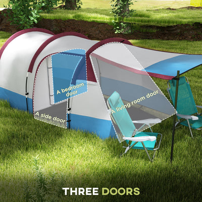 Outsunny Camping Tent, Large Tunnel Tent with Bedroom and Living Area, 2000mm Waterproof, Portable with Bag for 2-3 Man, Red 