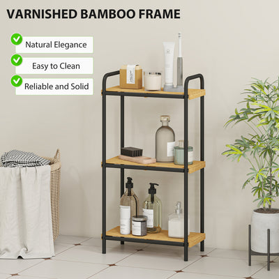 HOMCOM 3-Tier Bamboo Bathroom Storage Shelf, Freestanding Narrow Shelving Unit with Slatted Shelves for Kitchen Bathroom Living Room, 41.5 x 21.5 x 77.5 cm, Natural and Black 