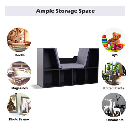 HOMCOM Bookcase Storage Shelf with Cushioned Reading Seat, Cube Bookshelf Organizer for Bedroom Living Room, Black 