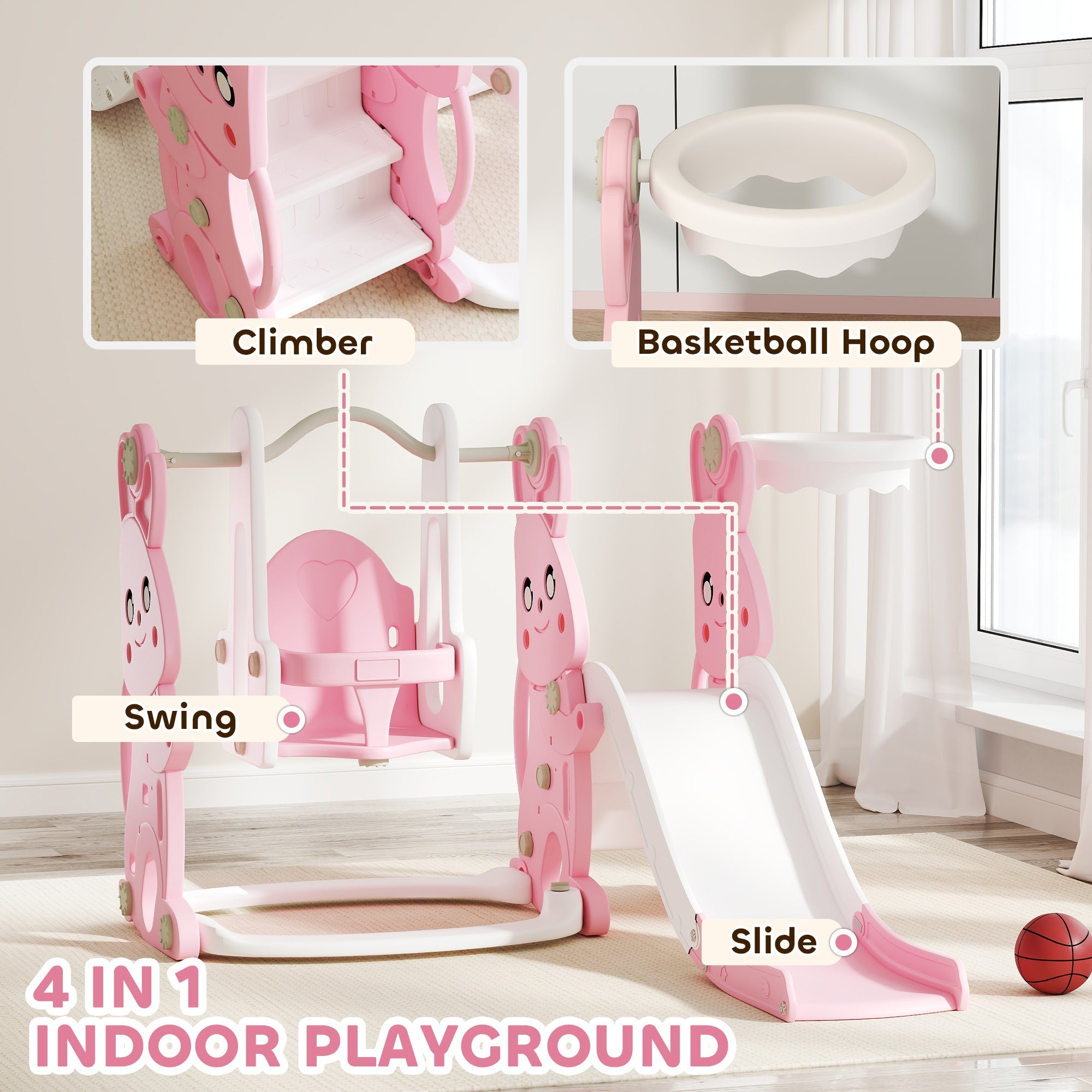 AIYAPLAY 4 in 1 Kids Slide and Swing Set with Climber, Basketball Hoop, Rabbit-Themed, Pink 