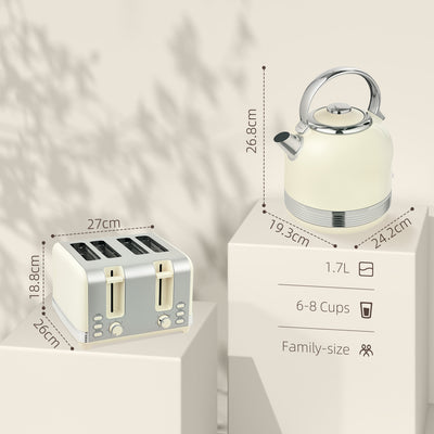 HOMCOM Polished Metal Kettle and Toaster Set - Cream 