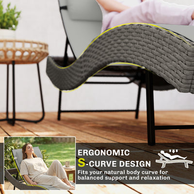 Outsunny Rattan Sun Lounger, Garden Recliner with 5 Position Adjustable Back, S Shaped Texteline Seat, Headrest, Light Grey 