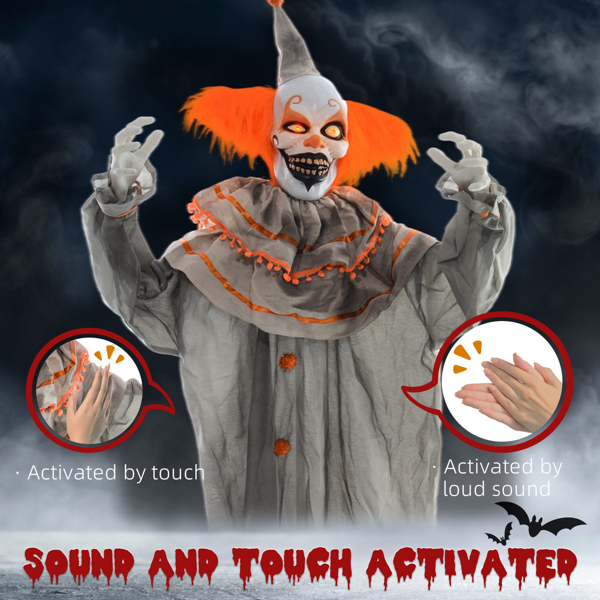 HOMCOM 6' Orange Clown Halloween Animatronic, with Glowing Eyes 