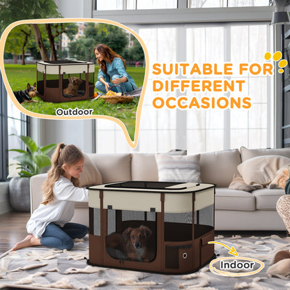 PawHut Foldable Dog Pen with Storage Bag for Indoor/Outdoor Use, Portable Pet playpen, with Ground Stakes - Brown 