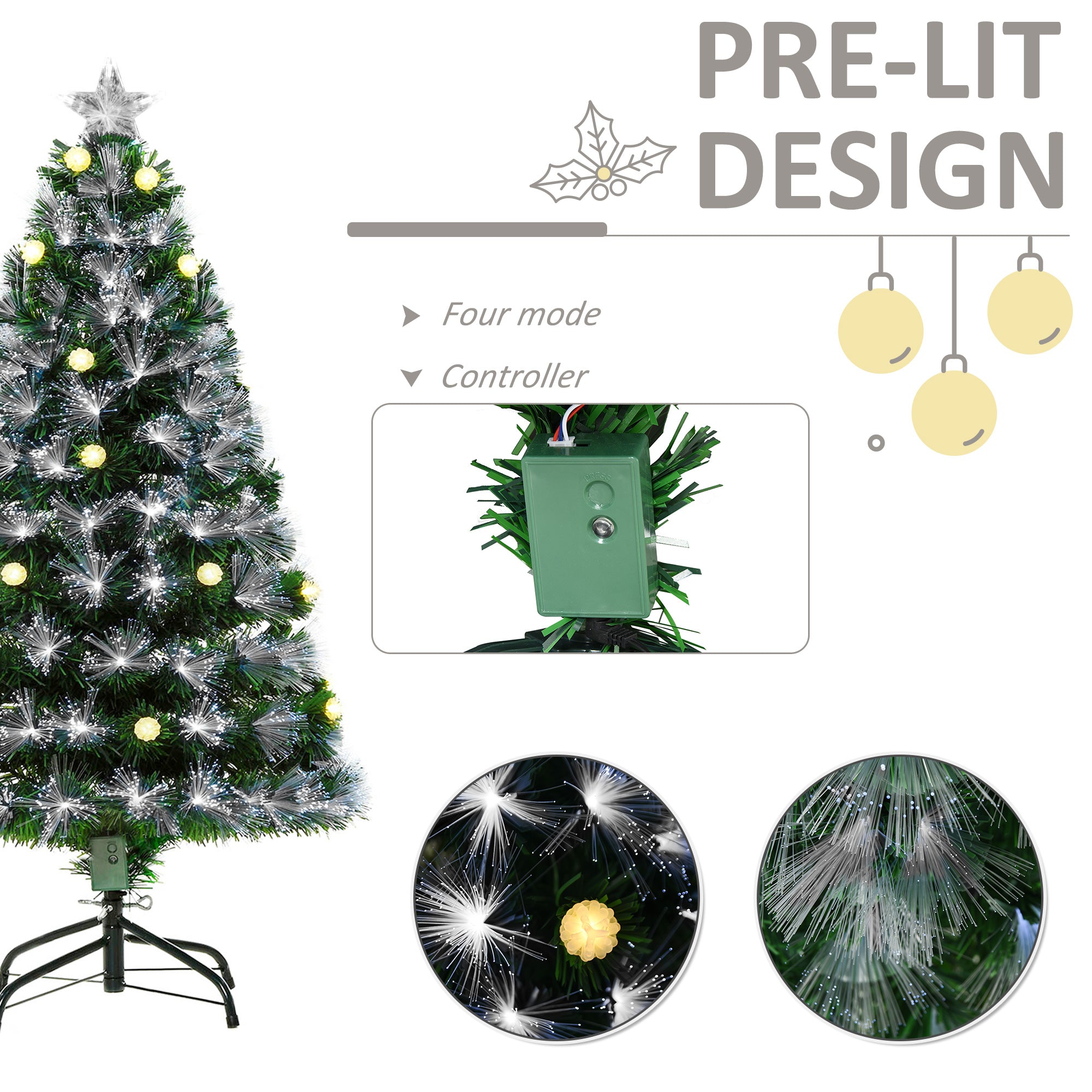 HOMCOM 4ft White Light Artificial Christmas Tree w/ 130 LEDs Star Topper Tri-Base Full Bodied Seasonal Decoration Pre-Lit Home 