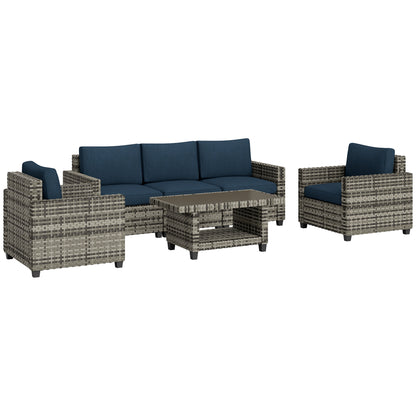 Outsunny 6 Pieces Rattan Garden Furniture Set, 5 Seater Wicker Outdoor Furniture Set with 2 Armchairs, Steel Frame Coffee Table and Cushions for Balcony, Porch, Navy Blue 