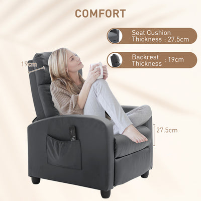 HOMCOM Recliner Armchair, Massage Faux Leather Push Back Reclining Chair with Adjustable Leg Rest, Side Pocket, for Home Living Room Theatre, Grey 