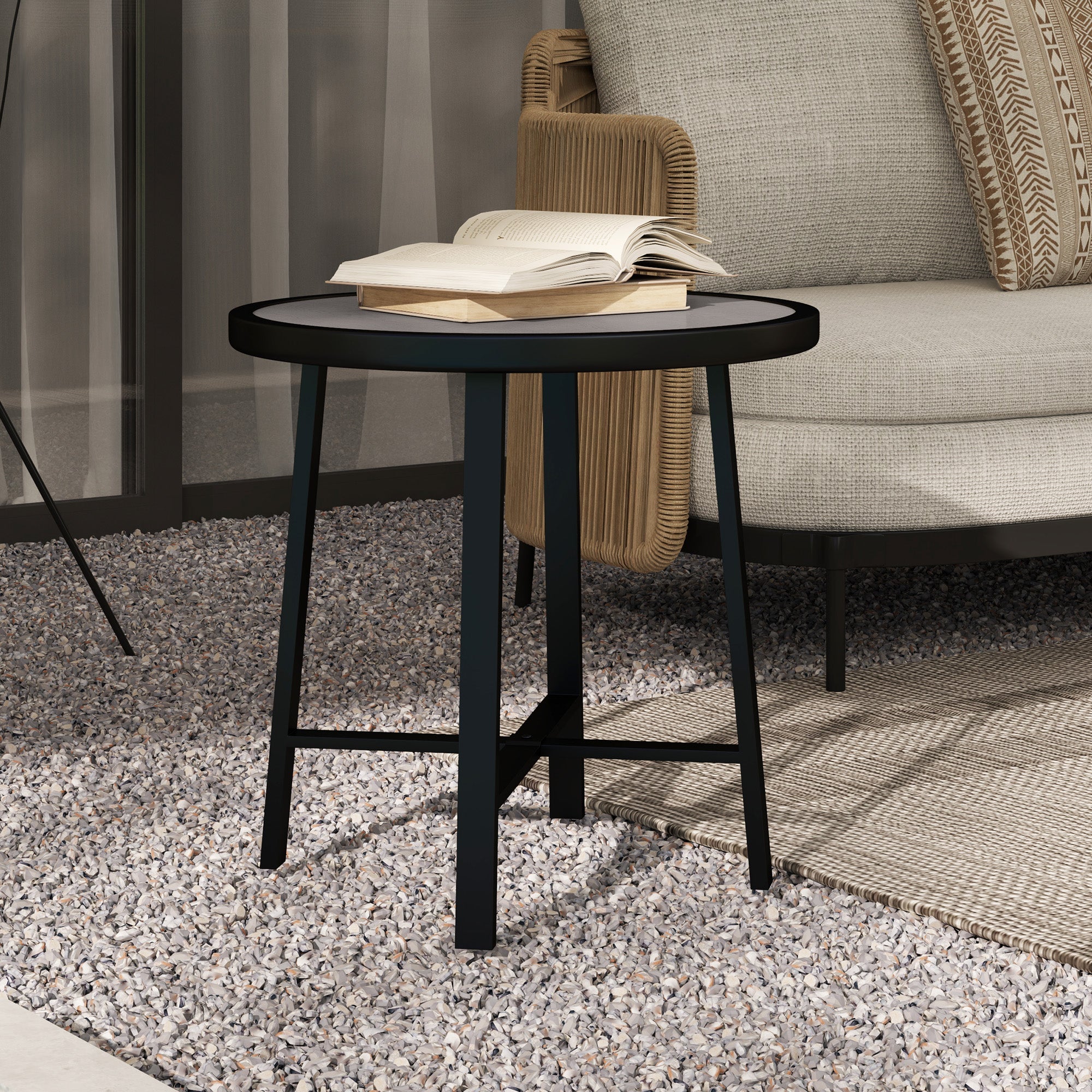 Outsunny Round Small Garden Table, 50.5cm Outdoor Side Table with SPC Tabletop, Metal Frame and Anti-slip Foot Pads for Garden, Balcony, Grey Wood Effect 
