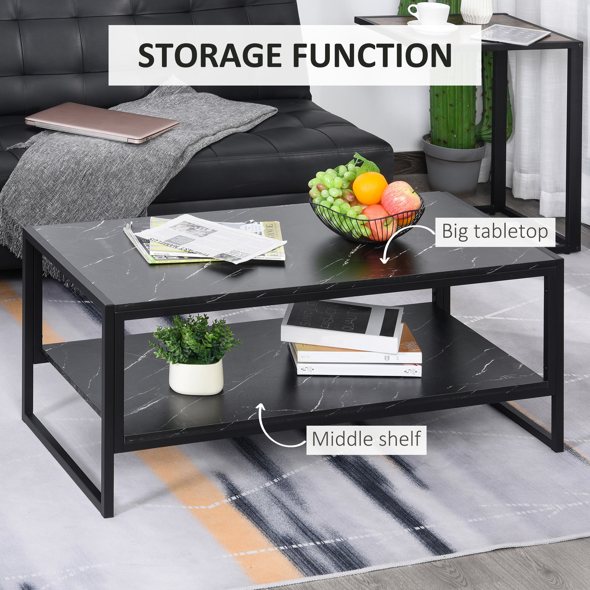 HOMCOM Coffee Table, Two-Tier Marble Centre Table with Metal Frame and Storage Shelf for Living Room, 106 x 50 x 45cm, Black 