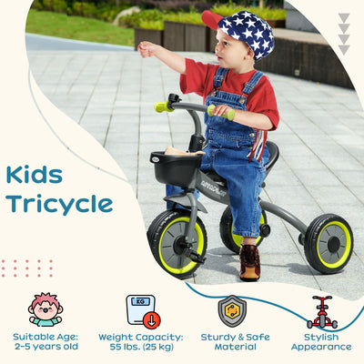 AIYAPLAY Kids Trike, Tricycle, with Adjustable Seat, Basket, Bell, for Ages 2-5 Years - Black 