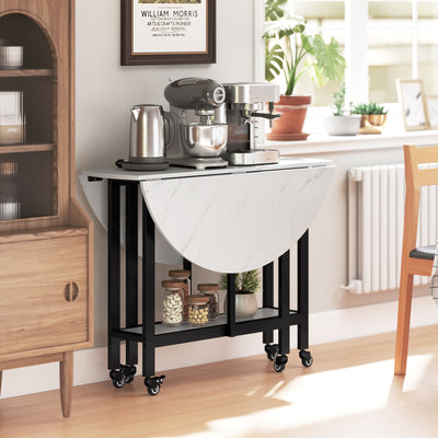 HOMCOM Folding Dining Table, Drop Leaf Table with Open Shelf, Rolling Kitchen Table for Dining Room, Small Spaces, White Marble 