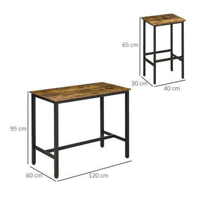 HOMCOM Industrial Bar Table Set, Breakfast Table with 2 Stools, 3-Piece Counter Height Dining Table & Chairs for Kitchen, Living Room, Rustic Brown 