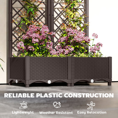 Outsunny Raised Garden Bed with Trellis, Plastic Planter Box with Drainage Holes and Drain Plugs for Climbing Plants, Vegetables, Flowers, Brown 