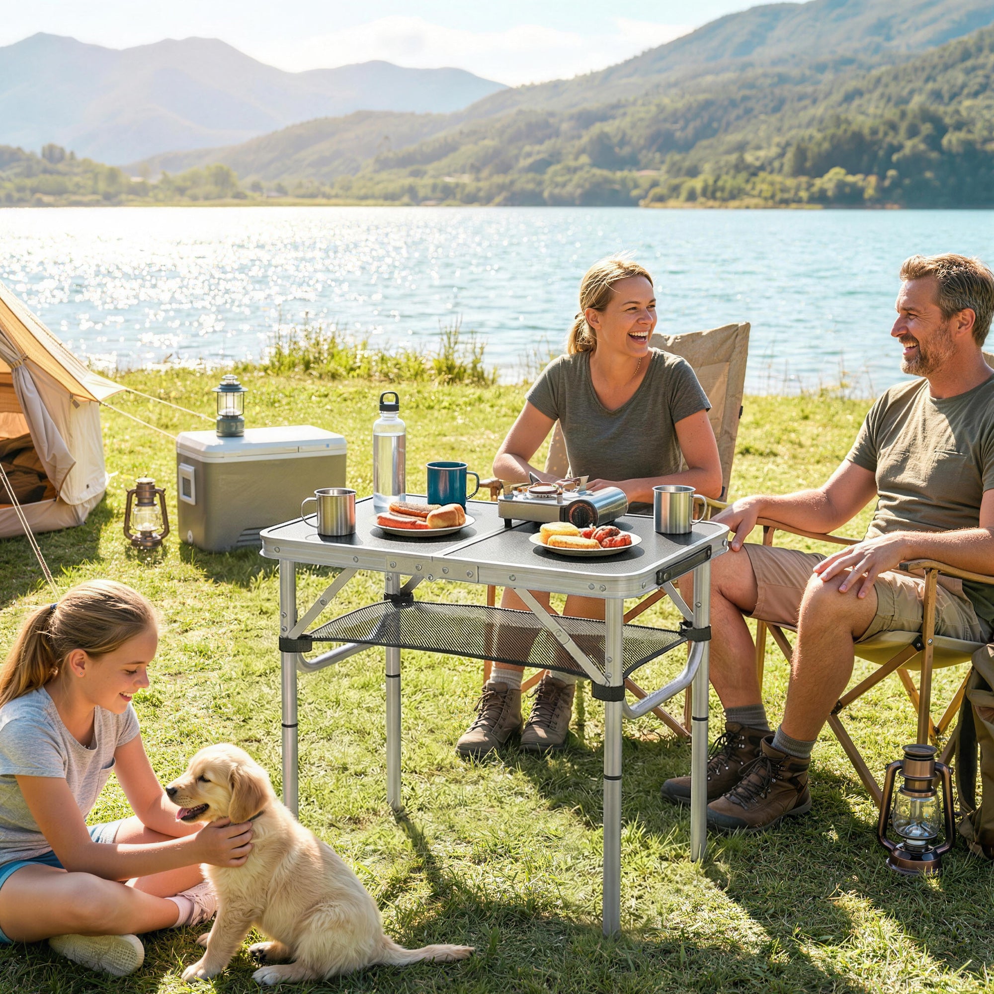 Outsunny 2ft Folding Camping Table, Picnic Table with Mesh Storage Layer, 4 Adjustable Heights and Carrying Handle, Black 