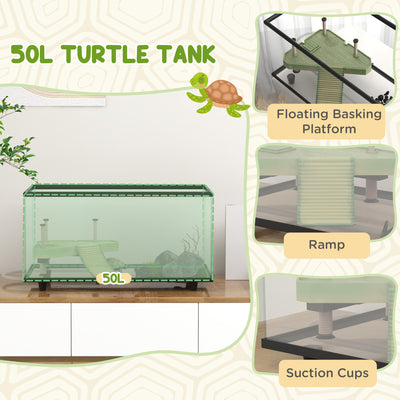 PawHut 50L Glass Turtle Tank Aquarium with Basking Platform, Easy Drainage, Strip Patch Thermometer 