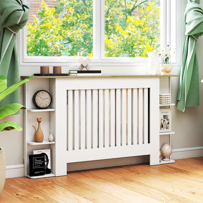 HOMCOM Radiator Cover with Open Storage Shelves, Vertical Slatted Cabinet Shelf Heater Cover for Living Room, Hallway, Large, White 