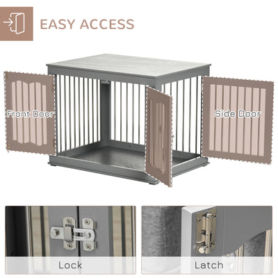 PawHut Dog Crate End Table Furniture Style Dog Cage w/ Three Doors, Locks and Latches - Grey 