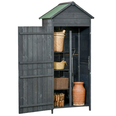 Outsunny Garden Shed 4-Tier Wooden Garden Outdoor Shed 3 Shelves Utility Gardener Cabinet Lockable 2 Doors - Grey 