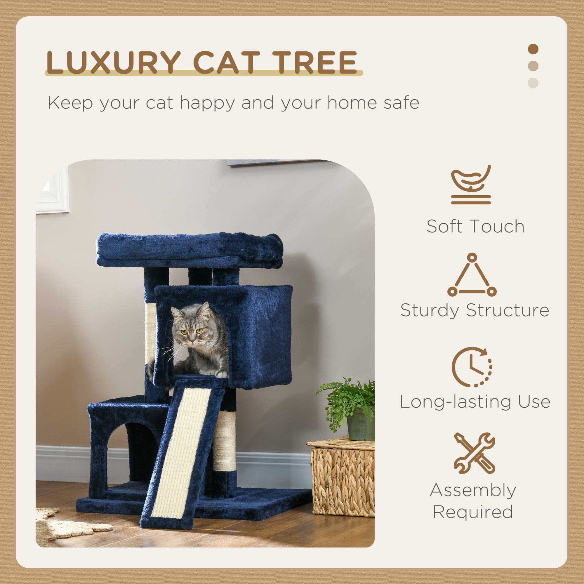 PawHut Sisal Cat Rest & Play Activity Tree w/ 2 House Navy Blue 
