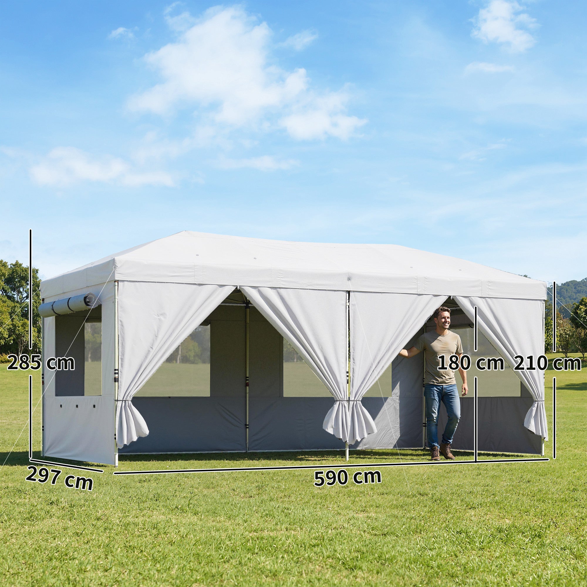 Outsunny 3 x 6 m Pop Up Canopy with UV50+ Protection Garden Gazebo with 6 Sidewalls, White 