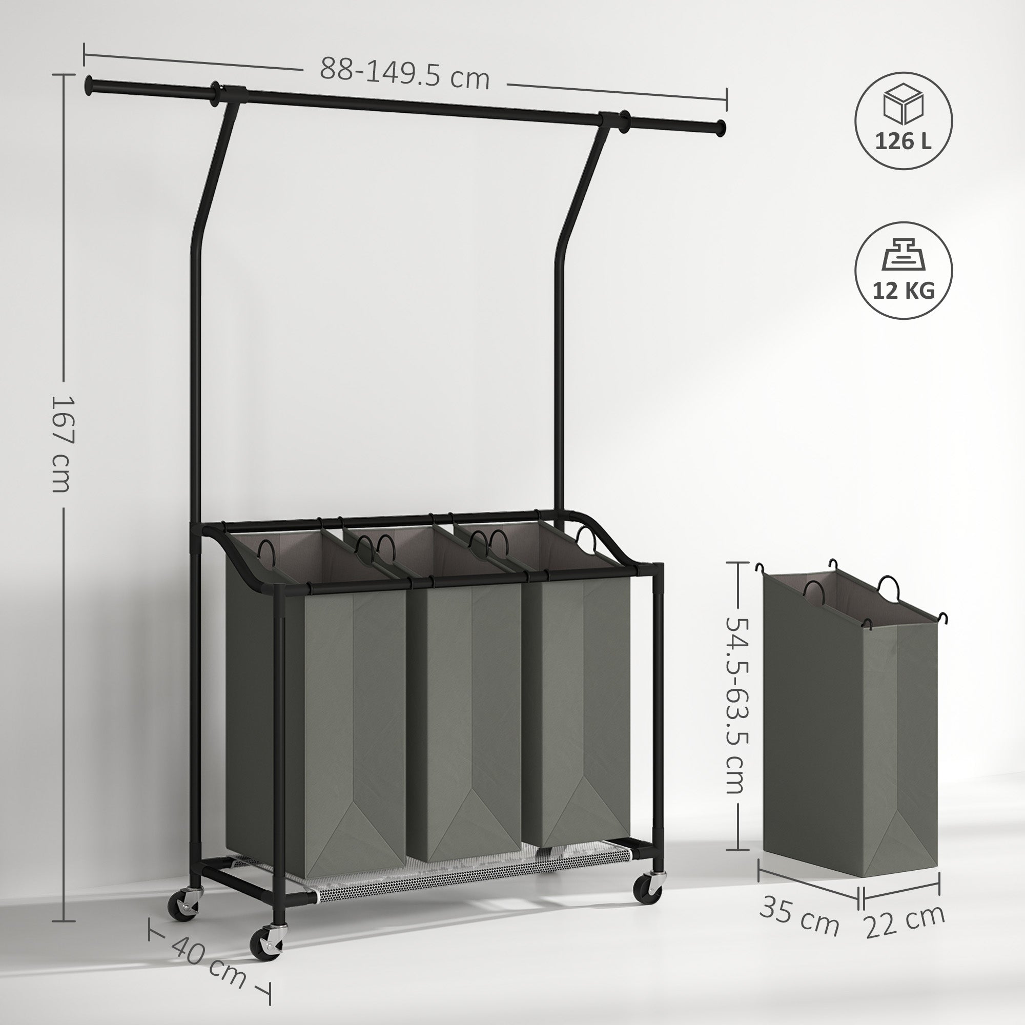 HOMCOM 126L Laundry Sorter, Rolling Wash Basket with Hanging Rail and Mobile 3-Bag Organiser for Bedroom, Bathroom, Laundry Room, 88-149.5L x 40W x 167H cm, Dark Grey 