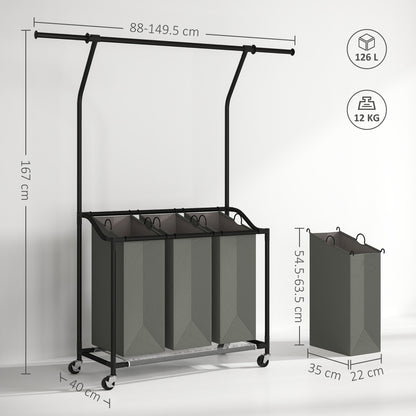 HOMCOM 126L Laundry Sorter, Rolling Wash Basket with Hanging Rail and Mobile 3-Bag Organiser for Bedroom, Bathroom, Laundry Room, 88-149.5L x 40W x 167H cm, Dark Grey 
