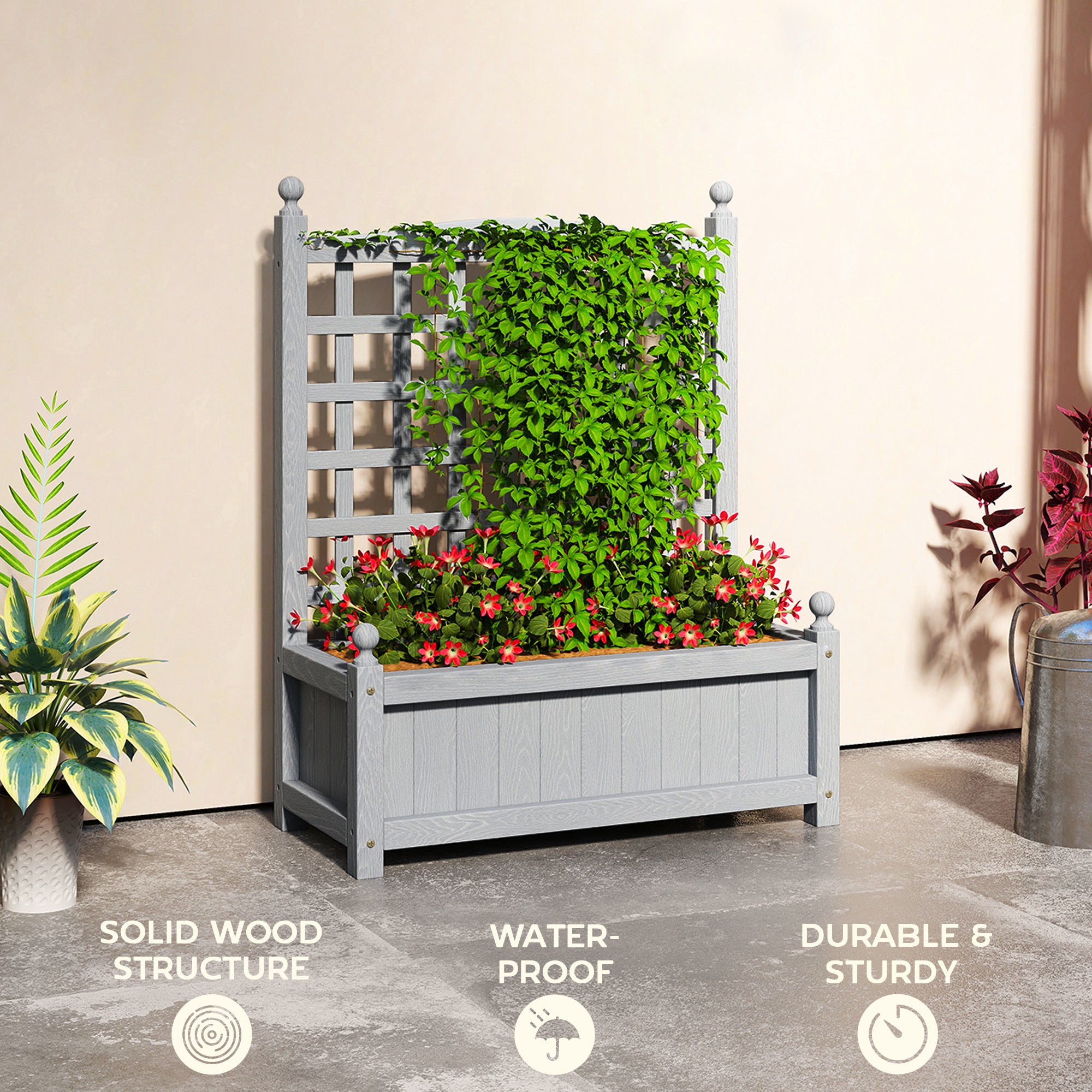 Outsunny Garden Planters with Trellis for Climbing Vines, Wood Raised Beds for Garden, Flower Pot, Indoor Outdoor, Grey 