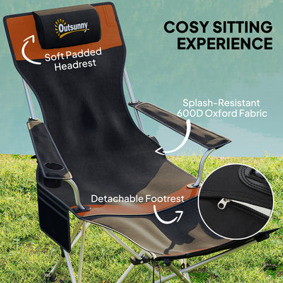 Outsunny Set of 2 Reclining Folding Camping Chair w/ Detachable Footrest, Storage Bag, Cup Holder & Headrest, Lightweight Portable Camp Chair for Beach, Picnic, Orange and Black 