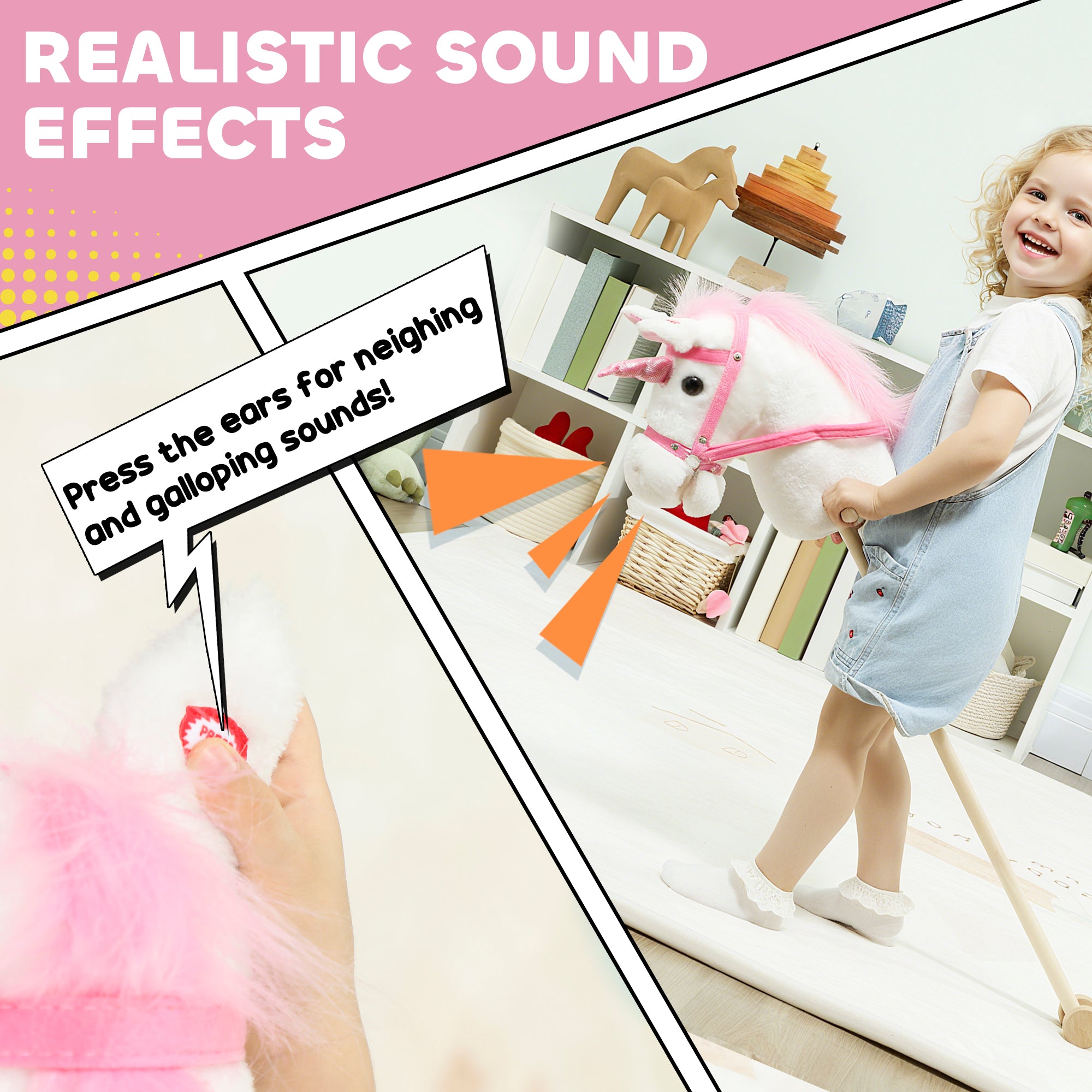 AIYAPLAY Unicorn Stick Horse with Wood Wheels, Real Pony Neighing and Galloping Sounds, Grip Handle, 95 cm, White 