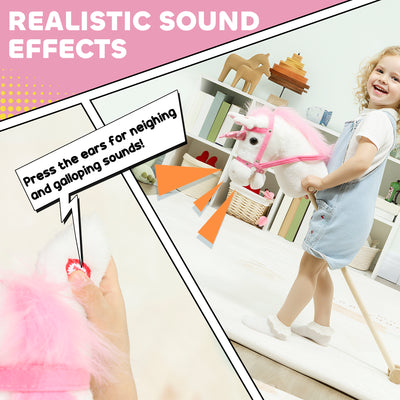 AIYAPLAY Unicorn Stick Horse with Wood Wheels, Real Pony Neighing and Galloping Sounds, Grip Handle, 95 cm, White 