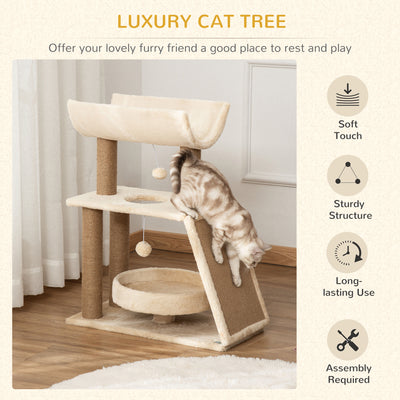 PawHut Cat Tree Tower, with Scratching Posts, Pad, Bed, Perch, Toy Ball - Light Brown 