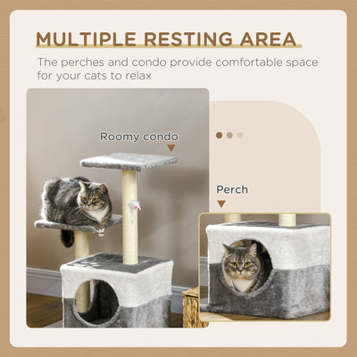 PawHut Cat Tree w/ Sisal Scratching Posts, House, Perches, Toy Mouse, Grey 