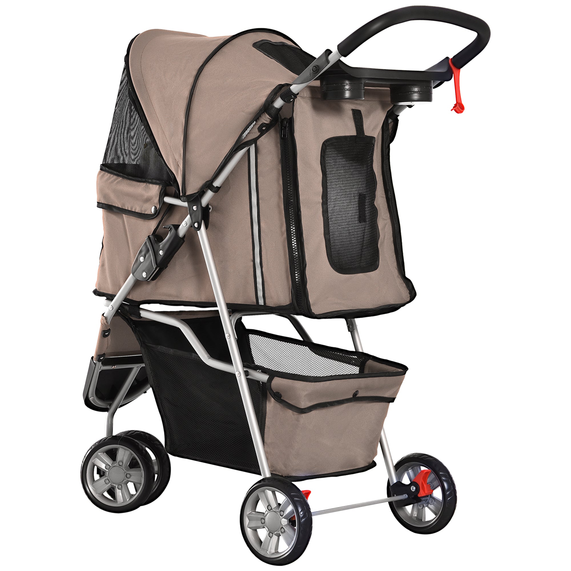 PawHut Dog Stroller, 3 Wheels Foldable Cat Dog Pram with Cup Holder, Storage Basket, Pet Stroller for Small Miniature Dogs, Brown 