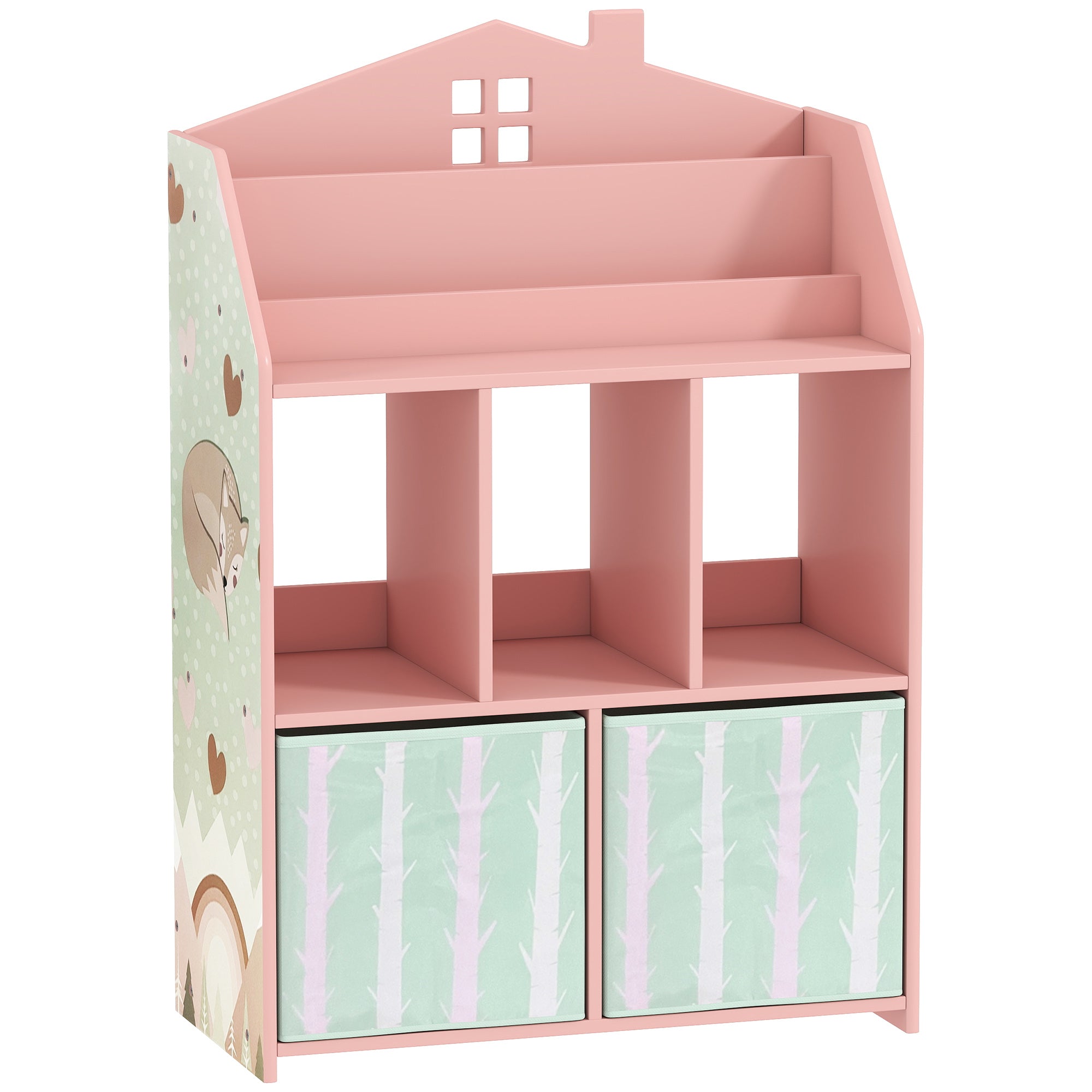 AIYAPLAY Kids Bookshelf with Storage, Toy Storage Unit with Book Display, Shelves and Fabric Drawers for Playroom Nursery, Pink 
