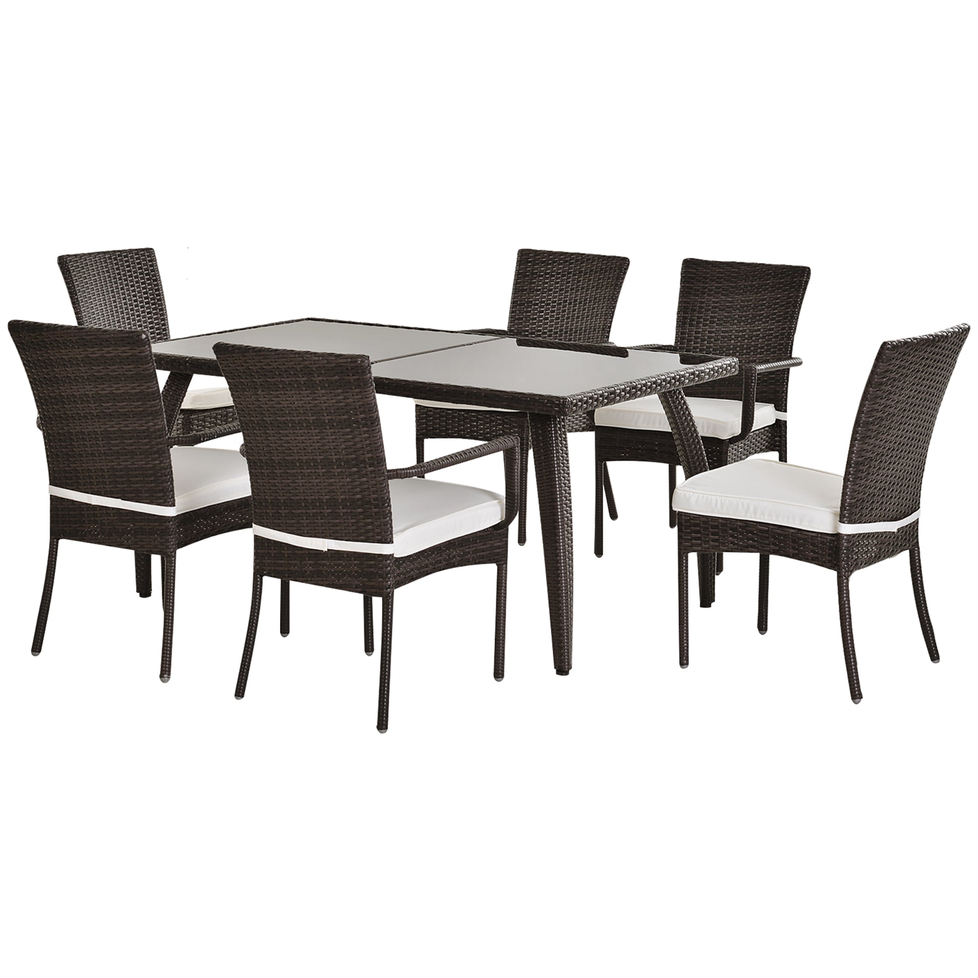 Outsunny 6 Seater Rattan Dining Set with Cushions, Rattan Garden Furniture Set, Outdoor Dining Table and Chairs with 6 Stackable Armchairs, Rectangular Glass Top Table for Patio, Balcony, Brown 