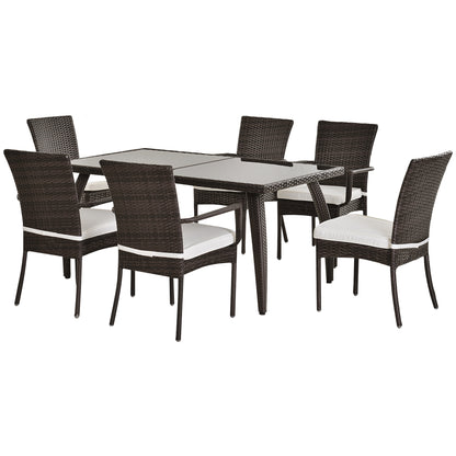 Outsunny 6 Seater Rattan Dining Set with Cushions, Rattan Garden Furniture Set, Outdoor Dining Table and Chairs with 6 Stackable Armchairs, Rectangular Glass Top Table for Patio, Balcony, Brown 