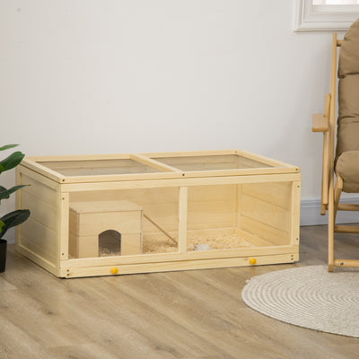 PawHut Wooden Hamster Cage with Sliding Tray, Openable Top, Hut for Syrian Hamsters, Natural Wood 