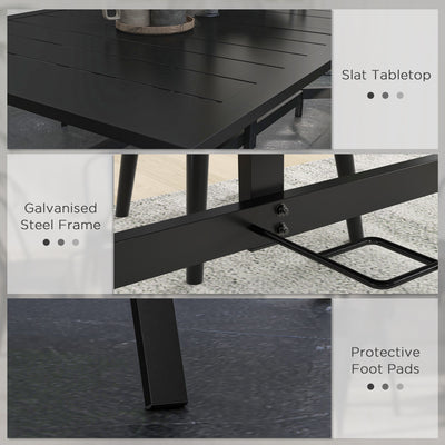 Outsunny Rectangle Garden Dining Table with Parasol Hole, Patio Table with Steel Frame and Slat Tabletop, 150cm x 90cm, Black 