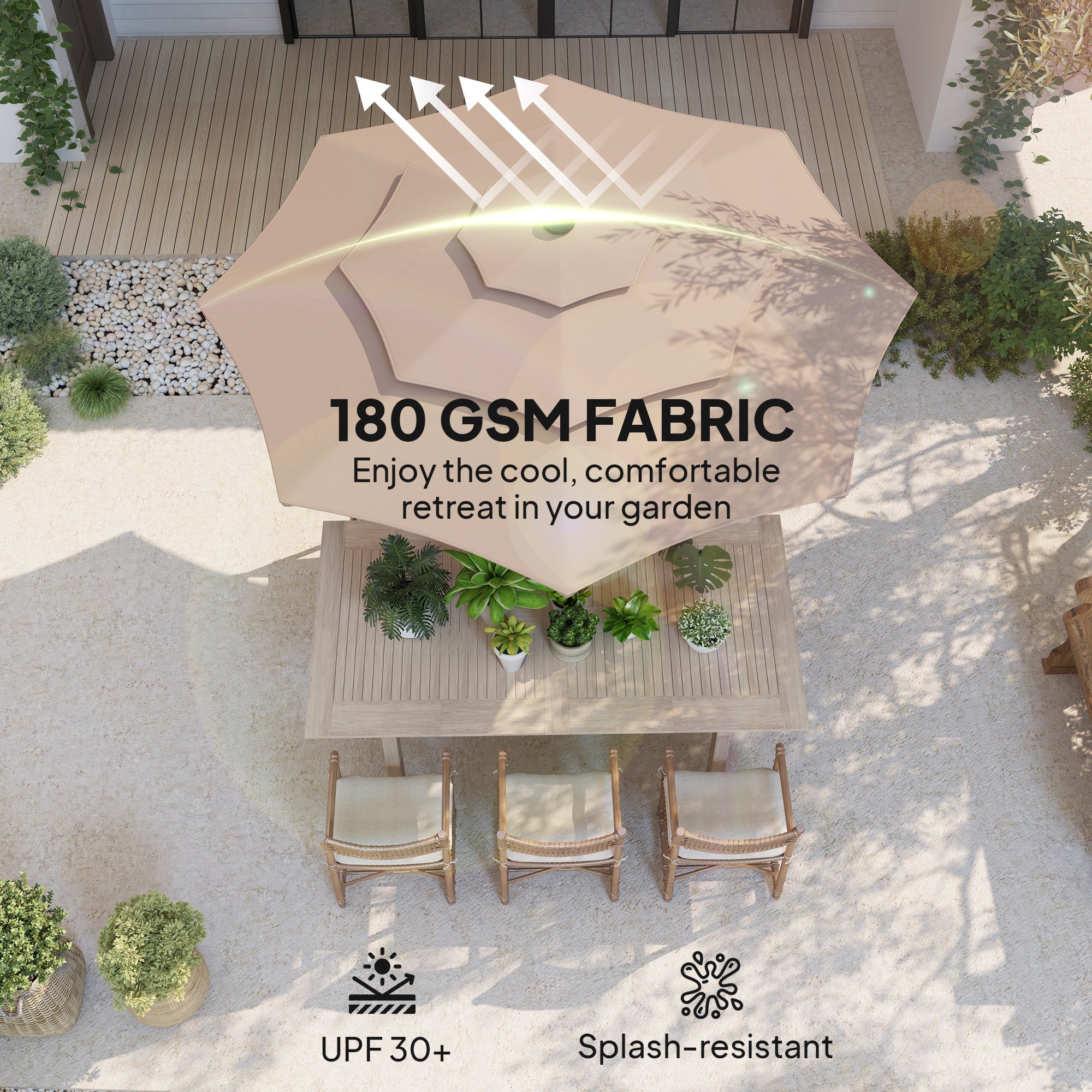 Outsunny 3-Tier Garden Parasol with Solar LED Lights, UPF 30+, Tilt Mechanism & Crank Handle, for Market Terrace, Khaki 